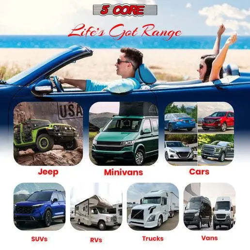 An advertisement for vehicle types compatible with a product called ’5 Core,’ including Jeeps, minivans, cars, SUVs, RVs, trucks, and vans.