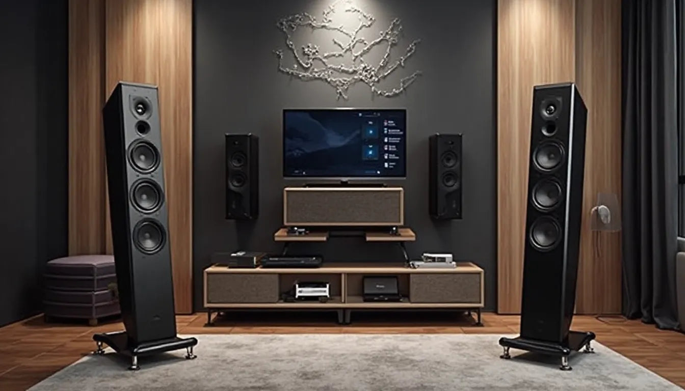 A pair of sleek black floor-standing speakers for a home entertainment system.
