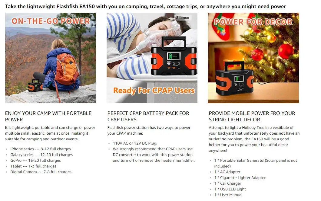 200W Peak Power Station Flashfish CPAP Battery 166Wh 45000mAh Backup Power Pack 110V 150W Lithium Battery Pack Camping