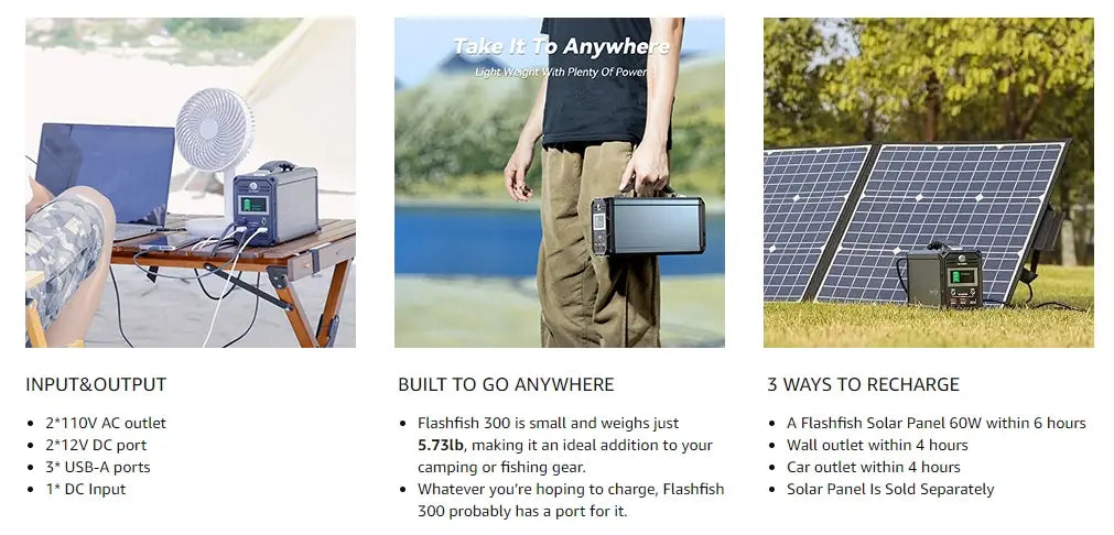 300W Solar Generator FlashFish 60000mAh Portable Power Station Camping Potable Generator CPAP Battery Recharged