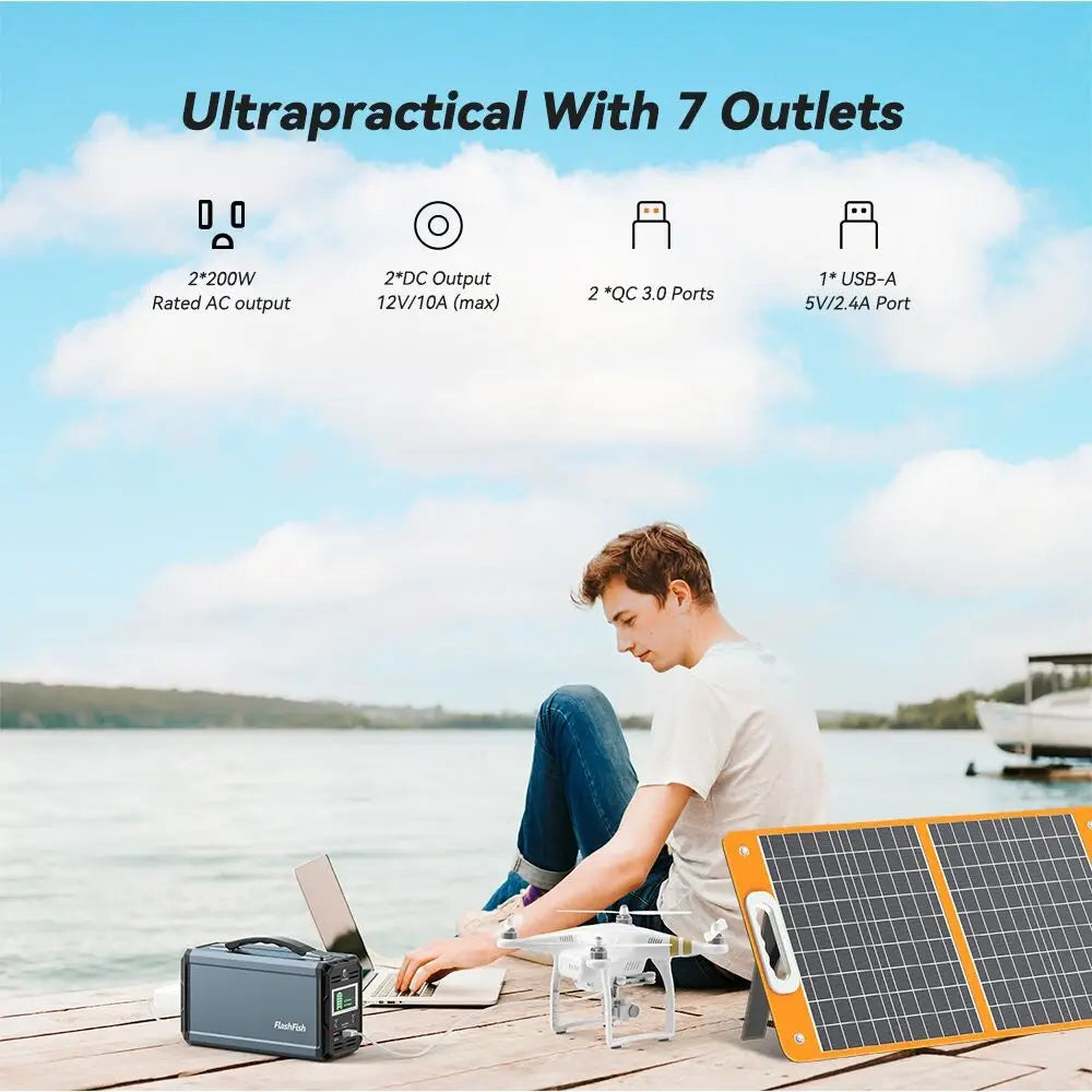 300W Solar Generator FlashFish 60000mAh Portable Power Station Camping Potable Generator with 60W 18V Portable Solar