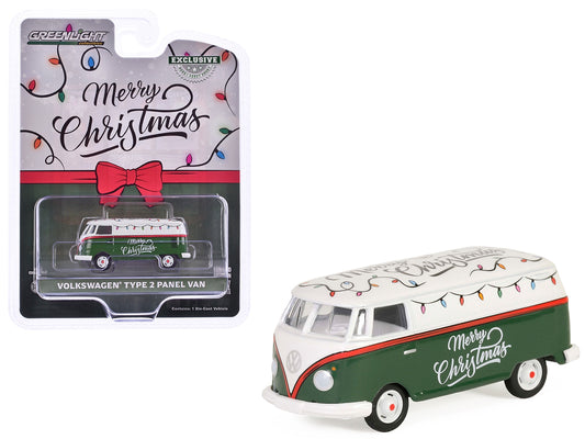 Volkswagen Type 2 Panel Van "Christmas 2024" Green and White with Graphics "Hobby Exclusive" Series 1/64 Diecast Model Car by Greenlight