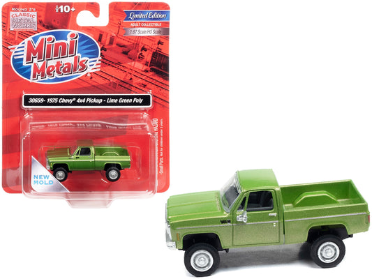 1975 Chevrolet 4x4 Pickup Truck Lime Green Metallic 1/87 (HO) Scale Model Car by Classic Metal Works