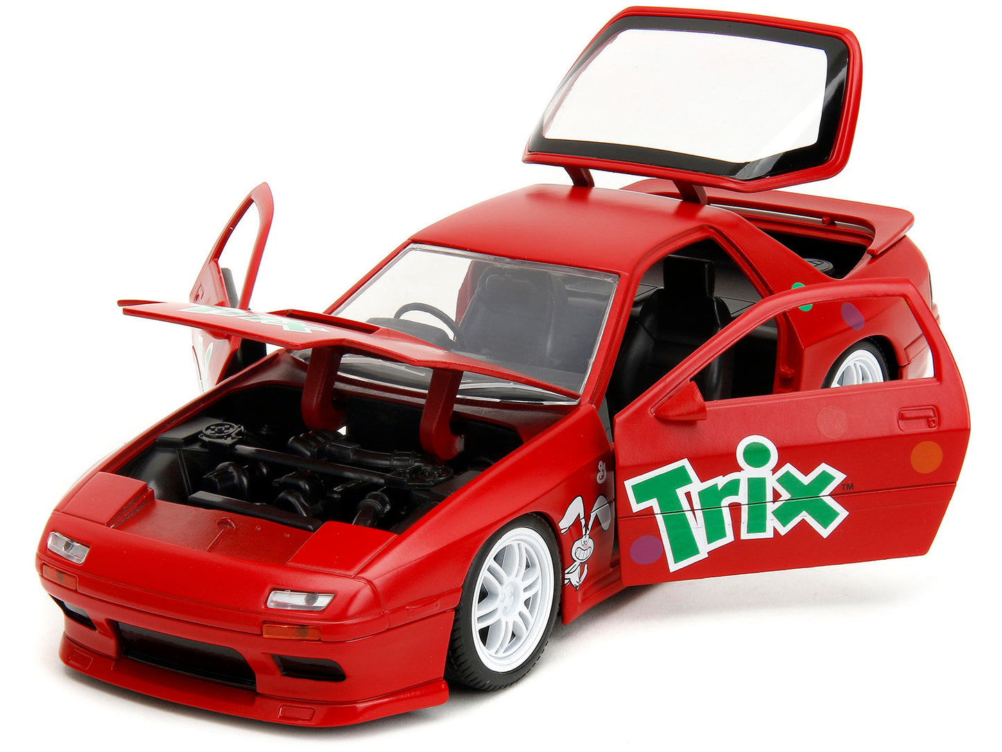 1985 Mazda RX-7 RHD (Right Hand Drive) Red with Graphics and Trix Rabbit Diecast Figure "Trix Cereal" "Hollywood Rides" Series 1/24 Diecast Model Car by Jada