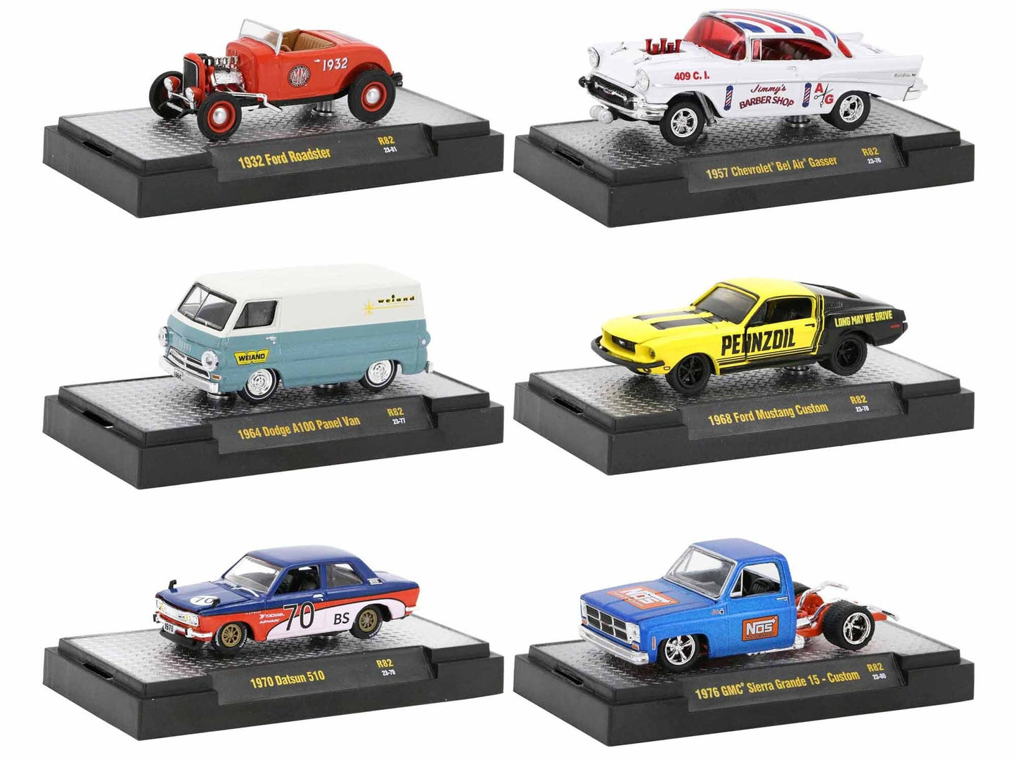 "Auto-Thentics" 6 piece Set Release 82 IN DISPLAY CASES Limited Edition 1/64 Diecast Model Cars by M2 Machines