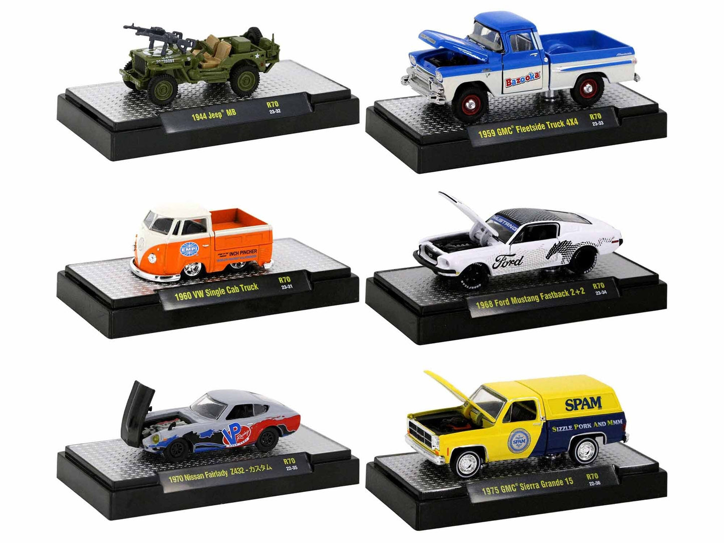 "Auto Meets" Set of 6 Cars IN DISPLAY CASES Release 70 Limited Edition 1/64 Diecast Model Cars by M2 Machines