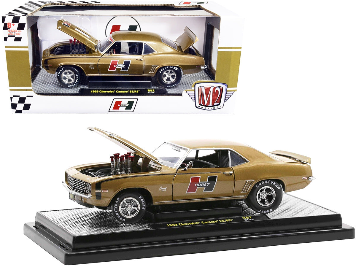 1969 Chevrolet Camaro SS/RS Gold Metallic with Black Stripes "Hurst" Limited Edition to 9600 pieces Worldwide 1/24 Diecast Model Car by M2 Machines