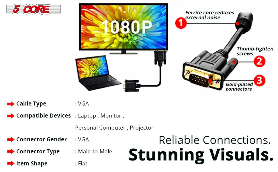 5 Core 3 Feet SVGA VGA Computer Monitor Cable Male to Male 1080p High Resolution - VGA 1001
