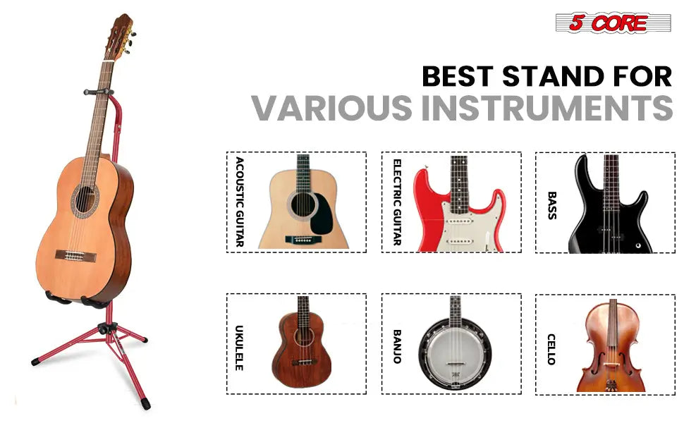 5 Core Guitar Stand Floor Adjustable Heavy Duty w Neck Holder for Acoustic Electric Classic Bass - GSH HD RED