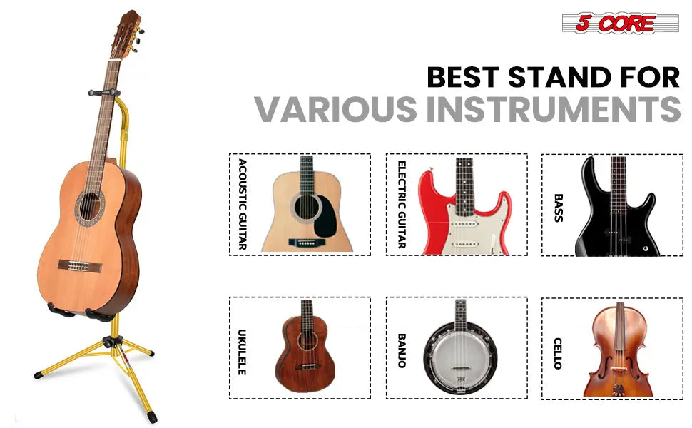 5 Core Guitar Stand Floor Adjustable Heavy Duty w Neck Holder for Acoustic Electric Classic Bass - GSH HD YLW