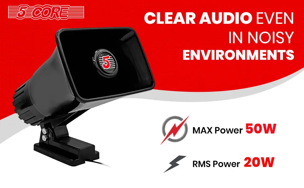 Loud Black PA Horn Speaker - 6x4 Inches 50W Max Power with Adjustable Bracket Included