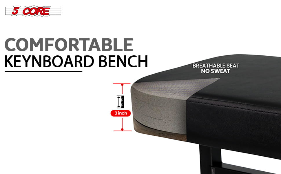 5 CORE Keyboard Bench Piano Stool T Style Black Thick Padded Cushion Seat | Height Adjustable 17 to 22 inch | Keyboard