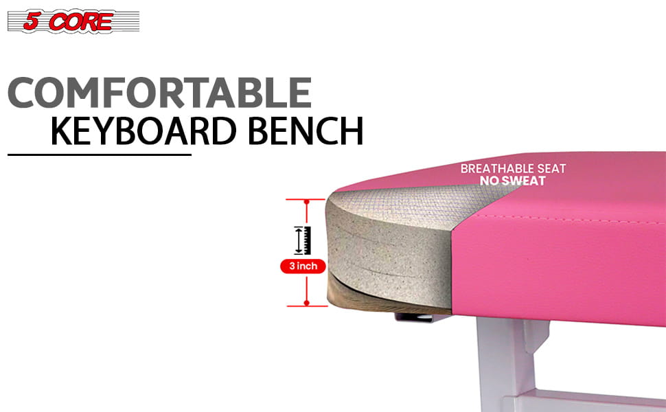 5 CORE Keyboard Bench Piano Stool T Style Pink Thick Padded Cushion Seat | Height Adjustable 17 to 22 inch | Keyboard
