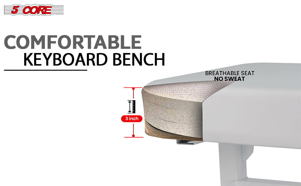 5 CORE Keyboard Bench Piano Stool T Style White Thick Padded Cushion Seat | Height Adjustable 17 to 22 inch | Keyboard
