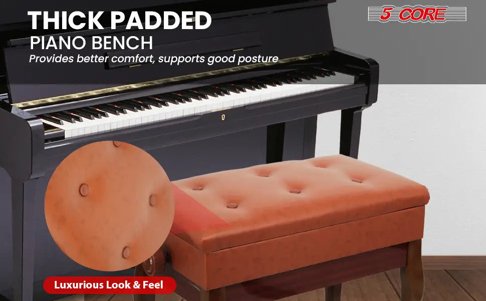 5 Core Piano Bench 3’’ Padded Cushioned Stool Wooden Heavy Duty Adjustable Musician Chair w Storage - PNB WD HD CML BR