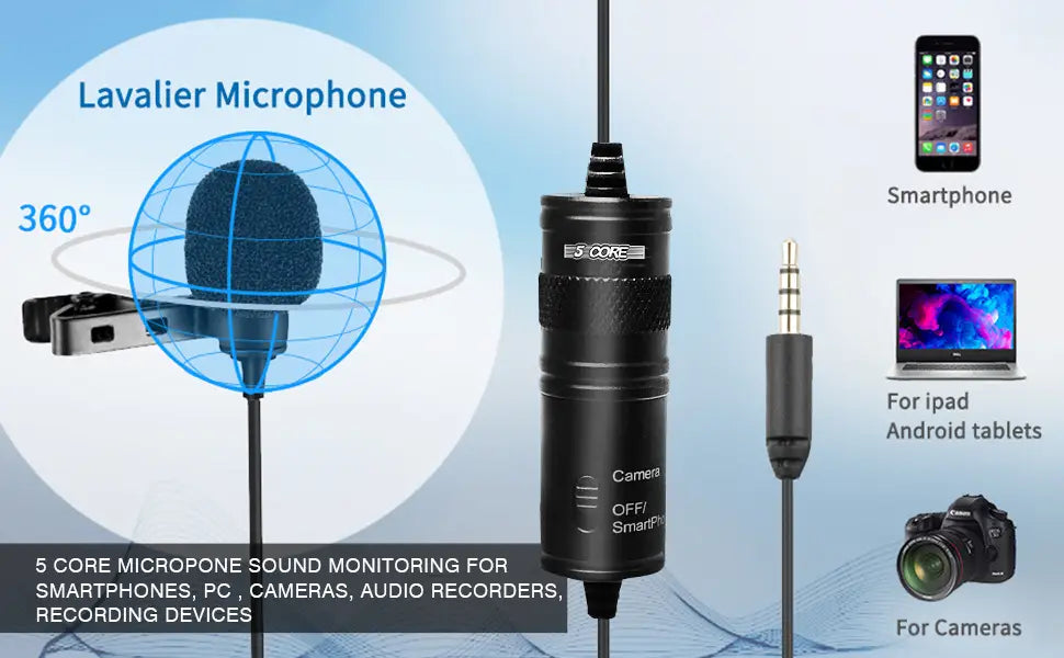 5 Core Professional Omnidirectional Lavalier Microphone 3.5mm Clip-On Lapel Mic for Smartphone DSLR Camera PC Interview