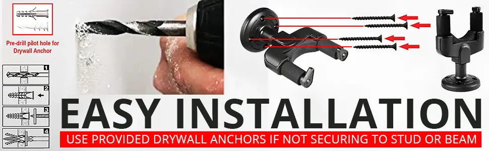 5Core Guitar Wall Mount Hanger Hook Metal Base Soft Padding Adjustable Rotatable Holder - GH ABS