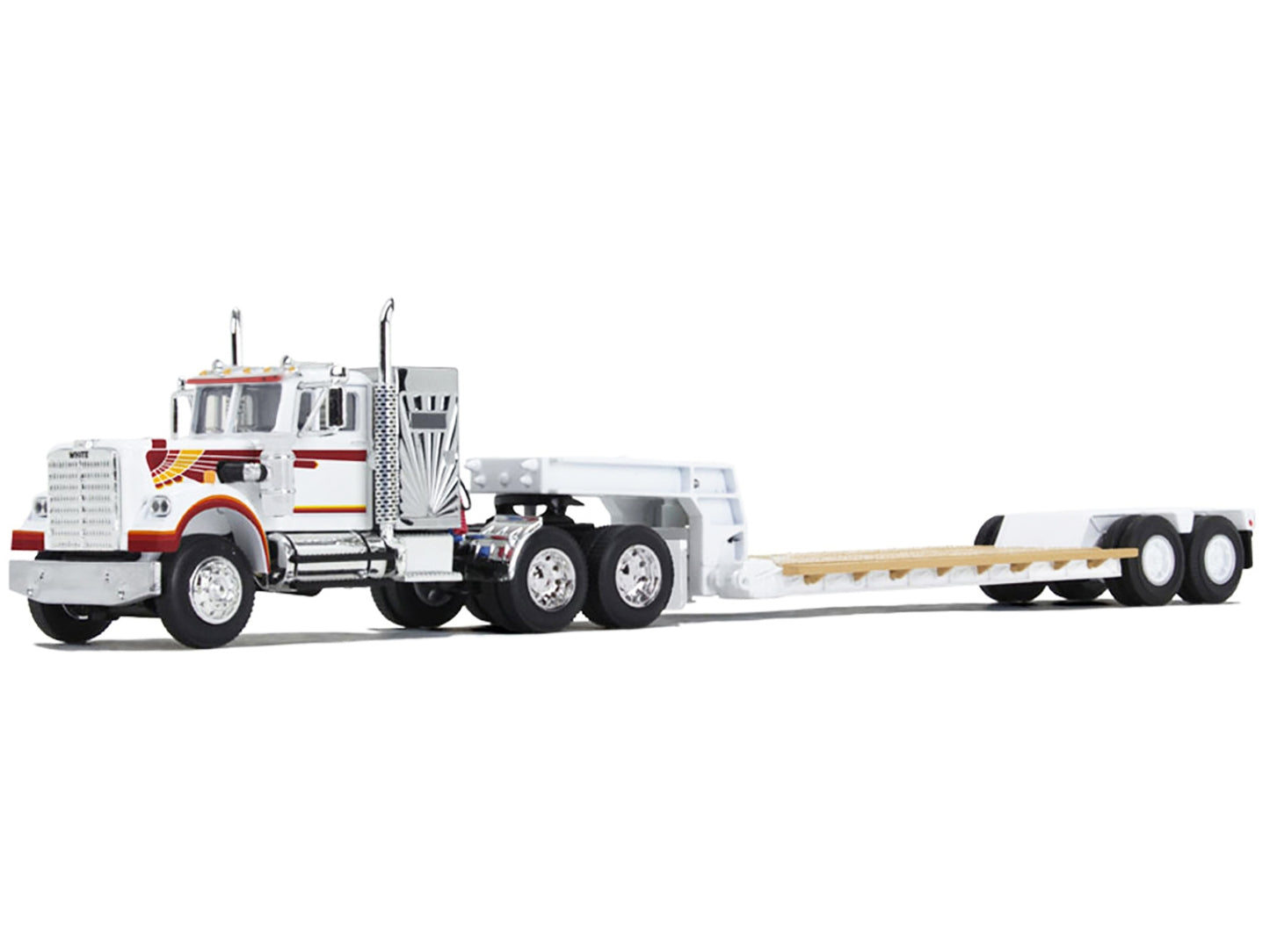 Western Star 4900 with 36" Vintage Flat Top Sleeper and Rogers Vintage Lowboy Trailer White with Graphics 1/64 Diecast Model by DCP/First Gear