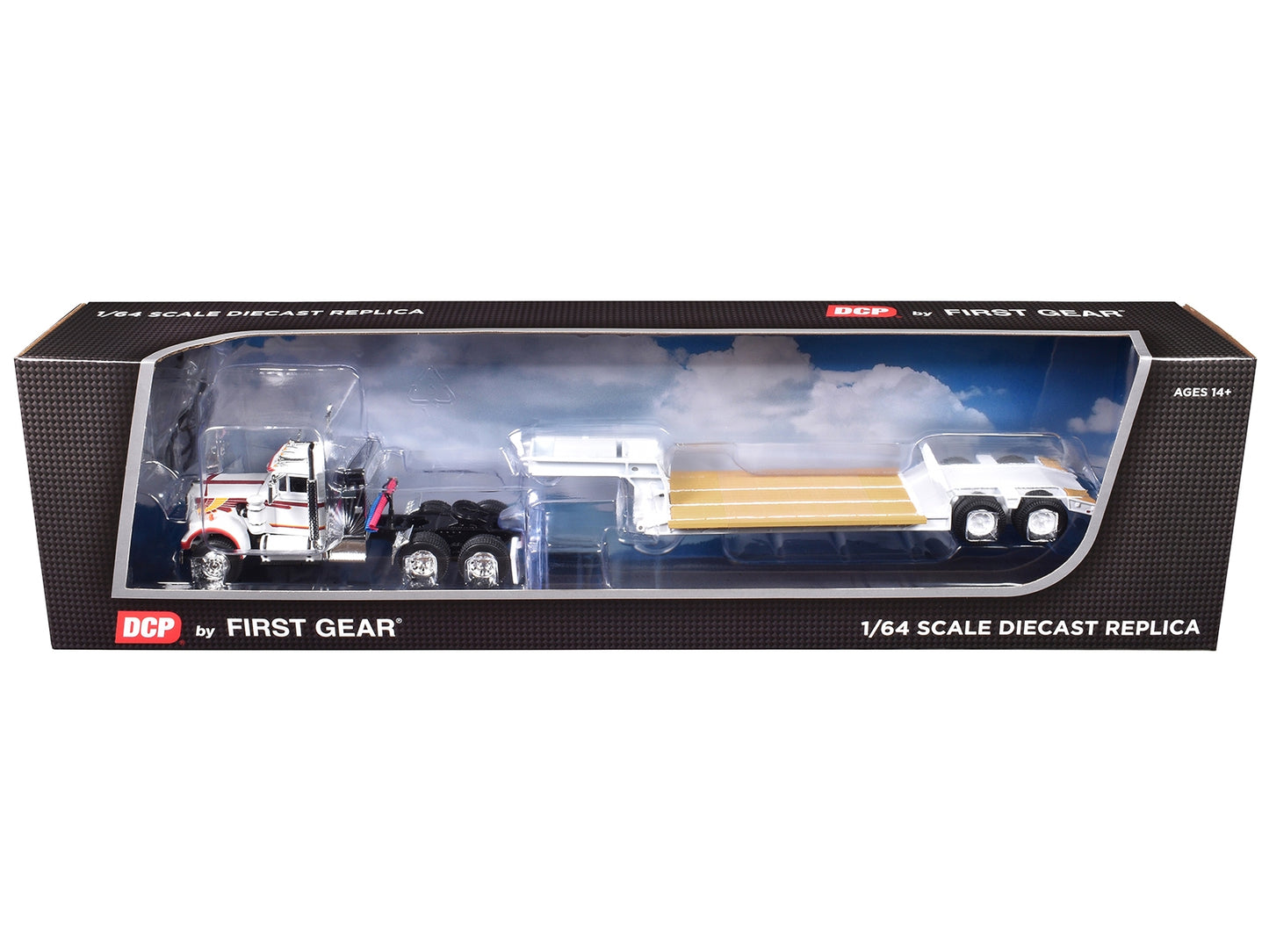 Western Star 4900 with 36" Vintage Flat Top Sleeper and Rogers Vintage Lowboy Trailer White with Graphics 1/64 Diecast Model by DCP/First Gear