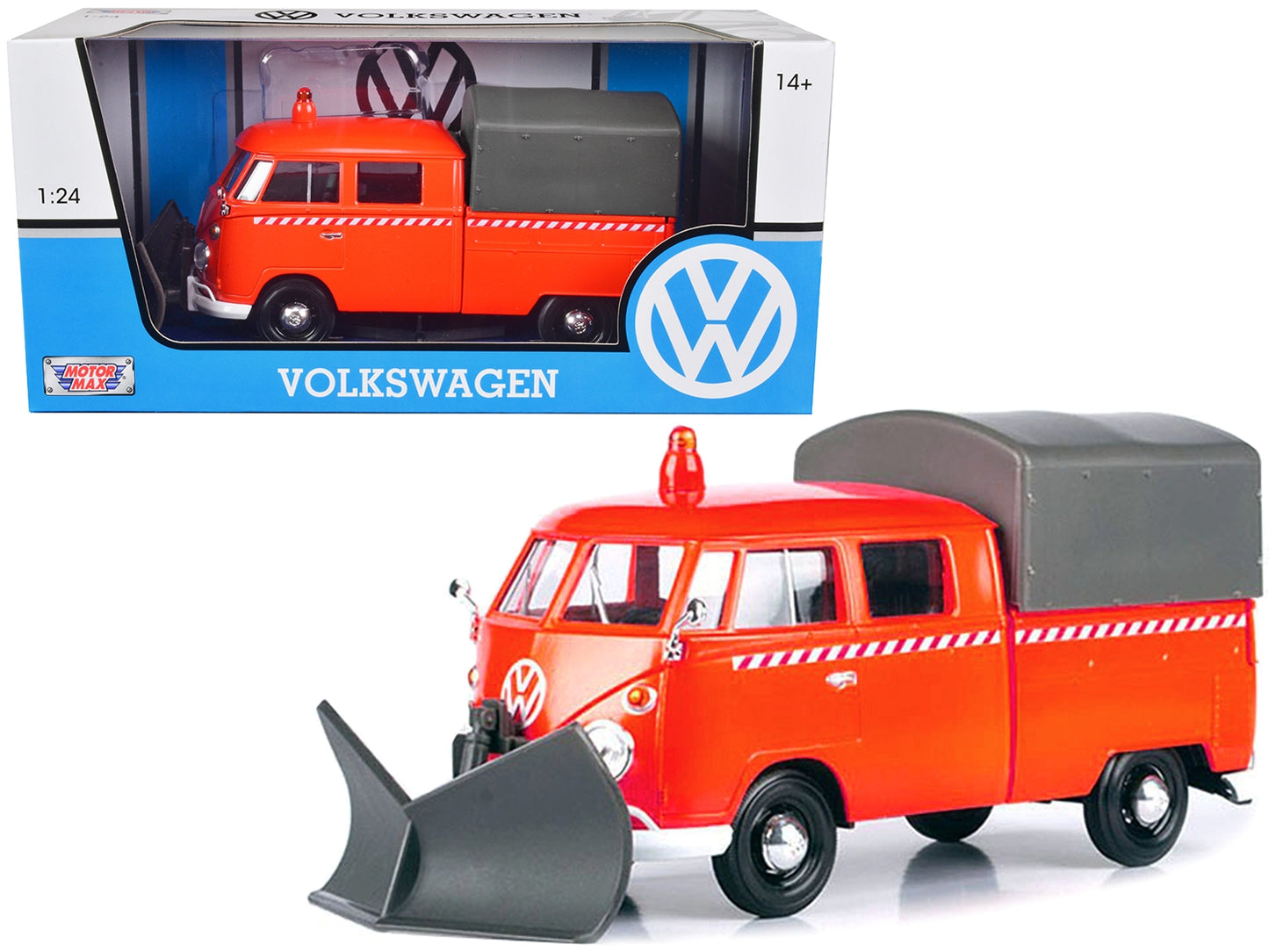 Volkswagen Type 2 (T1) Pickup Truck Orange with Snow Plow and Camper Shell 1/24 Diecast Model Car by Motormax