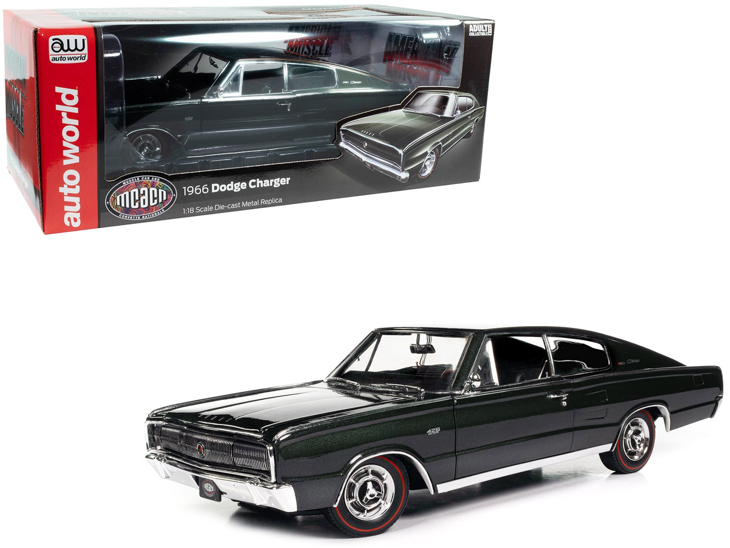 1966 Dodge Charger Dark Green Metallic "Muscle Car & Corvette Nationals" (MCACN) "American Muscle" Series 1/18 Diecast Model Car by Auto World