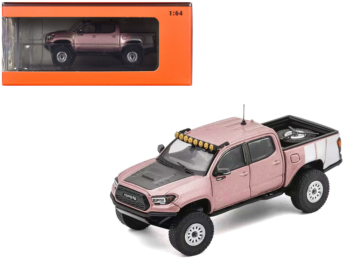 2022 Toyota Tacoma TRD PRO Pickup Truck Pink Metallic with White Stripes and Carbon Hood 1/64 Diecast Model Car by GCD