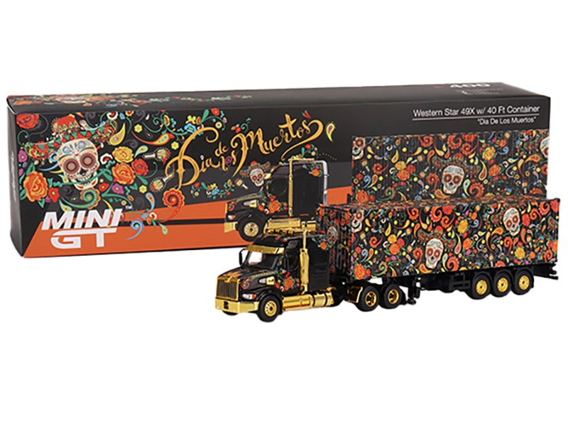 Western Star 49X with 40 Ft Container "Dia de los Muertos" (Day of the Dead) Black with Graphics 1/64 Diecast Model by Mini GT