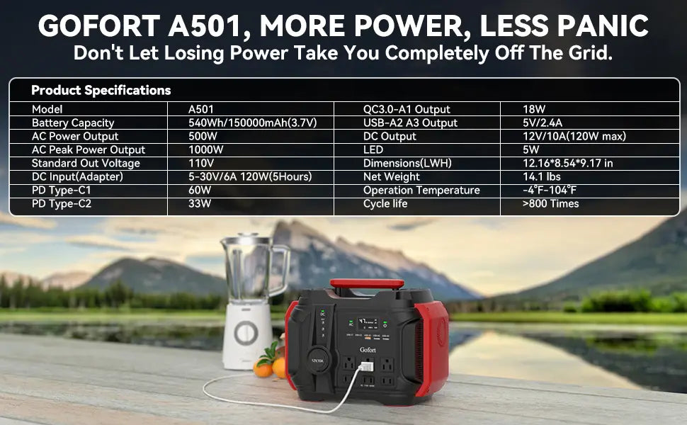 GOFORT Portable Power Station 540Wh/500W(Peak 1000W) 6 x AC 110V Outlets PD 60W Portable Solar Generator CPAP Battery