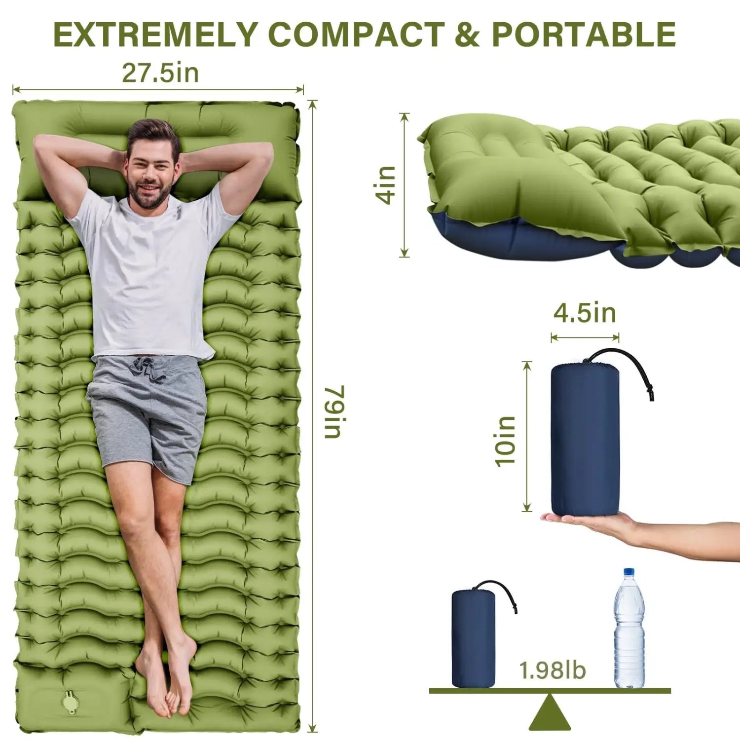 Single Inflatable Camping Mattress with Built in Pillow and Foot Pump Lightweight Sleeping Pad for Backpacking Hiking
